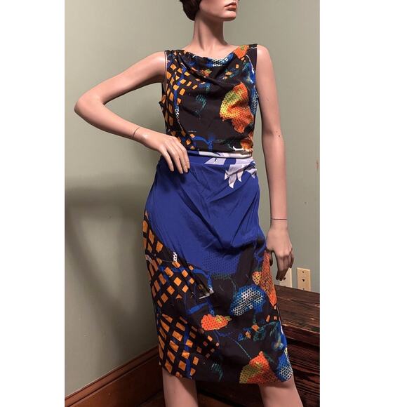ETRO Blue Multi Floral Stretch Silk Sleeveless/Cowl/Ruched Sheath DRESS IT42/US6 - Picture 1 of 6
